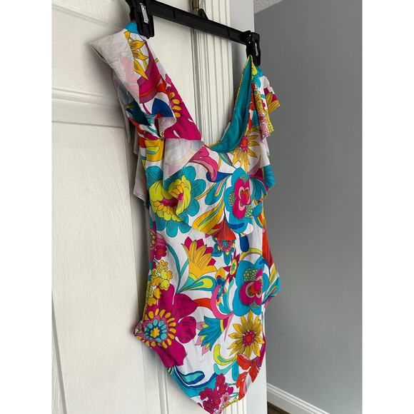 Trina Turk Fontaine Off The Shoulder Ruffle One Piece Swimsuit Sz 10 READ - Picture 4 of 11